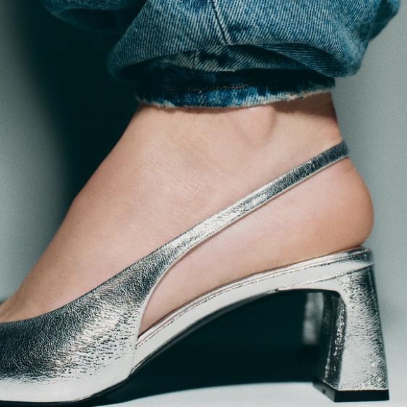 ZARA Silver Round Toe Sling Back Block Heel Size 9 - Picture 3 of 7